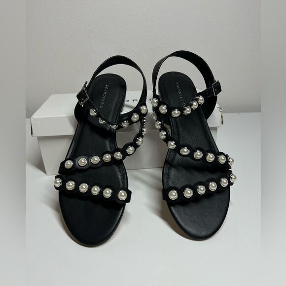 CosmoParis Pearly Leather Slingback Flat Black Sandals Size 10US/ 41EU - Picture 1 of 13